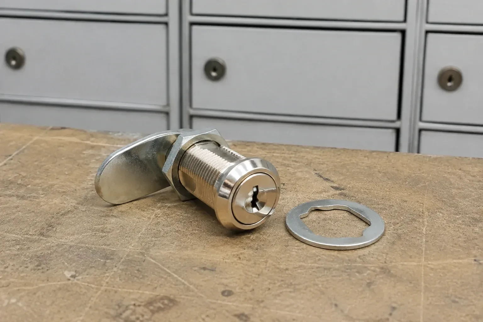 Detached threaded cam lock and mounting washer on a workbench in front of closed mail compartments. — Mailbox Lock Replacement, Toronto